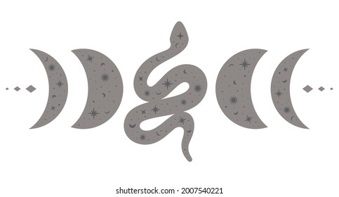 Minimalist style vector illustration of esoteric logotype design template with curvy snake and moon