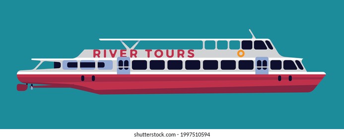 Ilustración vectorial de estilo minimalista en los recorridos por los ríos de la ciudad con un barco de motor de crucero clásico. Elemento de diseño de concepto de viajes en barco y turismo