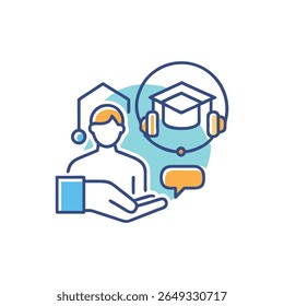 Minimalist style vector illustration of online education with a person and graduation cap. Shows academic support, mentorship and communication.