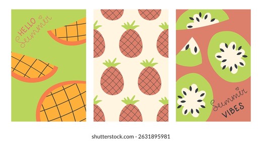 Minimalist style vector vertical posters set with tropical fruits. Perfect template for banner, cover, background, card, sale. Hand drawn illustration.