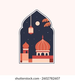 minimalist style windows with Islamic theme, mosque dome with plants, boho design for Arabic doors for Ramadan and Eid