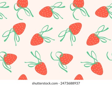 Minimalist stylish print with strawberries. Red berry with trendy green bows. Cute seamless vector print.