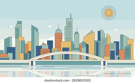 Minimalist stylized city skyline featuring colorful skyscrapers and a bridge reflecting over the calm water.