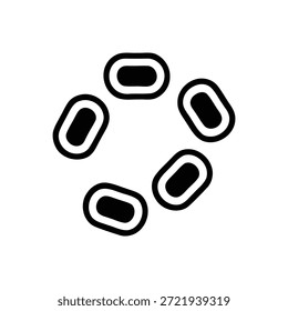Um gráfico minimalista e estilizado com cinco formas pretas, retangulares arredondadas ou em cápsulas formando um círculo dinâmico, perfeito para conceitos científicos, tecnológicos ou abstratos. Design de alto contraste.