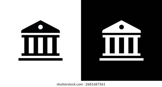 A minimalist, stylized icon of a classical building with columns, presented in both black on white and white on black.
