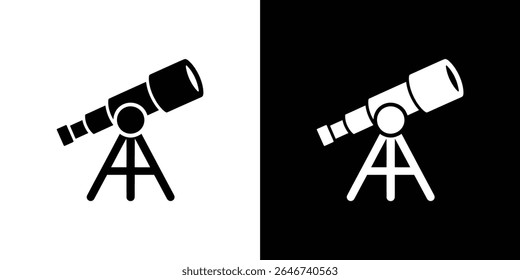 Um ícone minimalista estilizado com um telescópio com um tripé, representado em ambas as versões preto sobre branco e branco sobre preto. Usado como símbolo de ciência.
