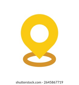 A minimalist, stylized icon floats against a stark white background. The primary subject is a golden-yellow location pin, simplified to a smooth