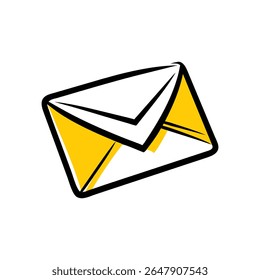 A minimalist, stylized illustration of an open envelope. The envelope features bold black outlines, with white paper peeking through and a vibrant yellow interior.