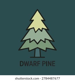 A minimalist, stylized vector illustration of a dwarf pine tree with layered branches and a dark green background. Includes the text 'DWARF PINE'.