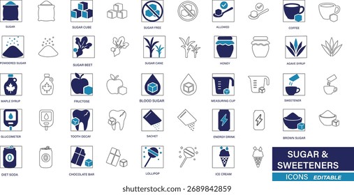 Minimalist Sugar icon set featuring sugar cube, sweetener, honey, syrup, and glucose elements. Thin line editable stroke vector illustration