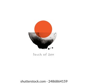 Minimalist sumi-e painting of a tea bowl and a red sun on white.