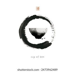 Minimalist sumi-e style illustration of a black and white tea cup in enso circle on white background. Hieroglyph - clarity.