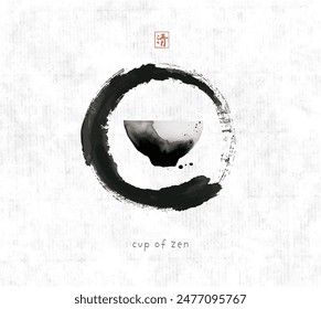 Minimalist sumi-e style illustration of a black and white tea cup in enso circle on rice paper background. Hieroglyph - clarity