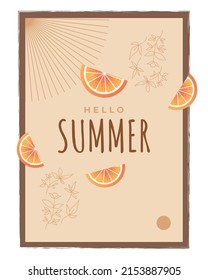 Minimalist Summer Background with Flowers and Oranges Illustration. Summer Time Background for Banner or Poster Design