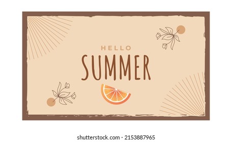 Minimalist Summer Background with Flowers and Oranges Illustration. Summer Time Background for Banner or Poster Design
