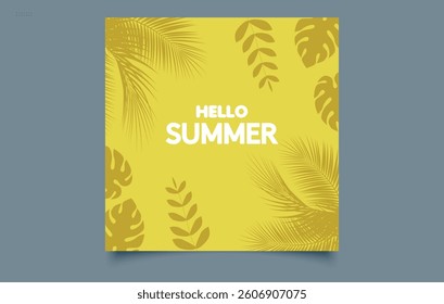 Minimalist summer banner with tropical palm leaves and hello summer text. yellow background template for travel, vacation, and seasonal promotions