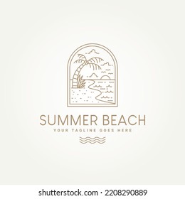 minimalist summer beach vibes badge line art icon label logo template vector illustration design. simple modern summer beach with palm, sun and sea emblem logo concept