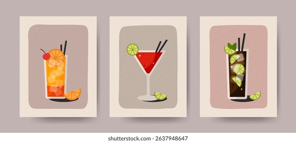 Minimalist summer cocktail posters with vintage texture. Set of creative alcohol drinks illustrations for menu, flyer, or banner design. Suitable for restaurants, bars, and summer celebrations