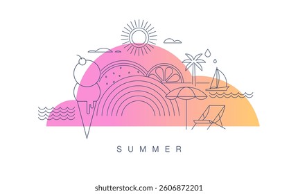 Minimalist summer concept design with color gradient. Linear simple, modern style. Summer background with palms, beach, sea and sun vector illustration