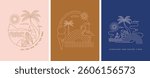 Minimalist summer concept design. Linear simple, modern style. Summer background with palms, beach, sea and sun vector illustration