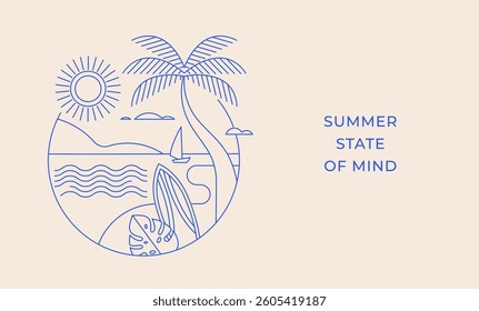 Minimalist summer concept design. Linear simple, modern style. Summer background with palms, beach, sea and sun vector illustration