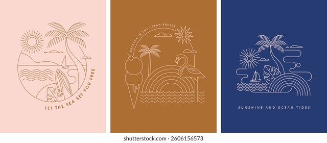 Minimalist summer concept design. Linear simple, modern style. Summer background with palms, beach, sea and sun vector illustration