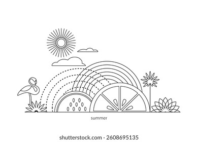 Minimalist summer concept design with in  Linear simple, modern style. Summer background with palm, flamingo, watermelon; sun; and orange. Vector.
