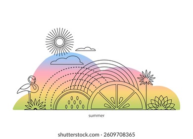 Minimalist summer concept design  in  Linear simple, modern style. Summer background with palm, flamingo, watermelon; sun; and orange. Vector.
