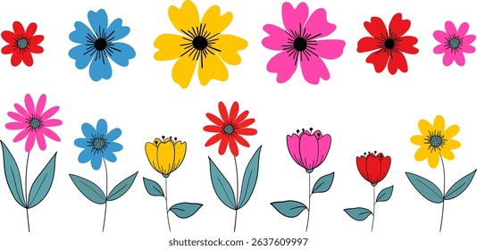 minimalist summer flowers vector set isolated bright colorful bloom elements for web design decor digital illustration botanical collection