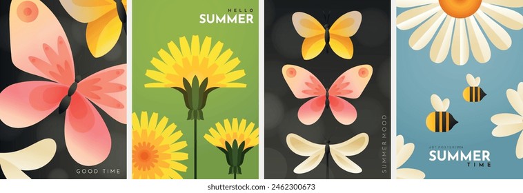 Afiches de verano minimalistas.Mariposas brillantes, libélulas, abejas, dientes de león y margaritas. Ilustraciones de Vertical para Anuncio, póster, publicidad o volante.