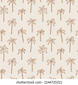 Minimalist summer print. Tropical palms on a beige background. Trendy natural colors. Freehand drawing. Vector seamless pattern.