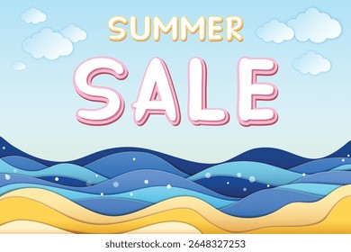 Minimalist summer sale banner in paper craft style featuring Summer sale inscription, sea, beach and clouds. Vector EPS, 3D, eazy to edit
