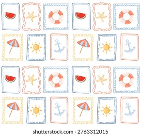 Minimalist summer seamless pattern with tiny beach and sea elements on white background. can be use for background , wallpaper, textile, wrapping, backdrop. vector illustration