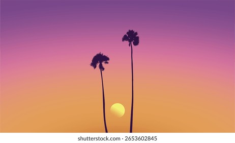 Pôr do sol de verão minimalista em LA. Silhueta de palmeira com céu de gradiente vibrante. LA, Califórnia. Perfeito para mídias sociais, banner, cartaz, newsletter, anúncios, folheto, cartazes, brochura, papel de parede, árvores.