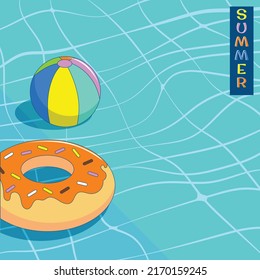 Minimalist Summer Swimming Pool with Balloon and Donut Balloons with 90's Style Illustration Background
