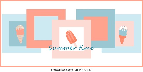 Banner minimalista "Hora de Verão" com ilustrações de sorvete e picolé definido dentro de um projeto de moldura geométrica pastel.