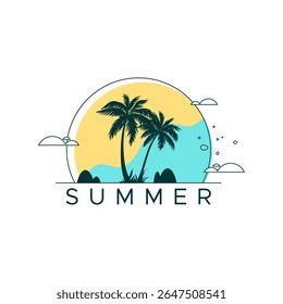 Minimalist summer vector illustration featuring palm trees in silhouette against a tropical sunset and ocean. Perfect for vacation posters, beach party logos, and travel-themed designs. summer holiday