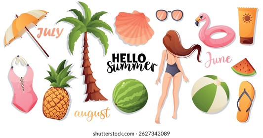 Minimalist summer vector set with fruits, swimwear, and a girl from behind. Ideal for prints, banners, web design, and social media.

