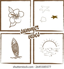 Minimalist Summer Vibes Doodle Illustration for T-Shirt and Sticker. Hand-drawn minimalist summer vibes design with icons like sun, surfboard, butterfly, and starfish. Great for t-shirts, stickers.