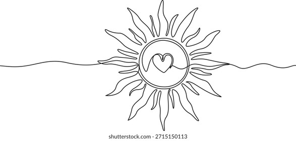 Sol Minimalista com 2026 em Linha de Arte Contínua, Linha de Arte Contínua Sol com Símbolo de Coração
