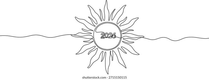 Sol minimalista con 2026 en arte de línea continua, arte de línea continua Sol con símbolo de corazón

