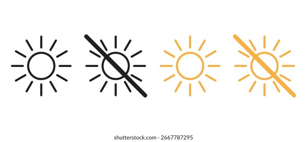 Iconos de alternancia de brillo y sol minimalistas. Símbolos de modo de luz negro y naranja.