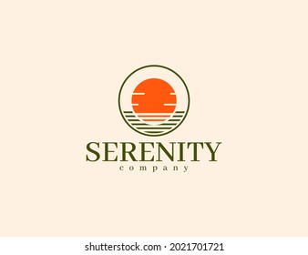 Minimalist sun and calm sea logo. Serenity situation concept. Creative sunset or sunshine and wave logo design.