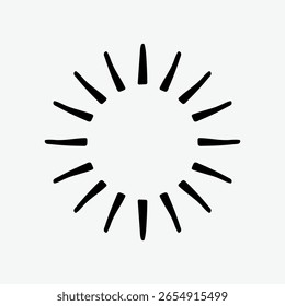 Minimalistisches Sonnensymbol mit kräftigen schwarzen Strahlen, die nach außen strahlen. Einfaches Sonnendesign auf hellem Hintergrund. Perfekt für Wetter-Apps, sonnige Themen oder helle Grafiken. Rahmenvektor mit Kopienraum.