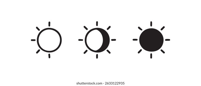 Ícones minimalistas do sol: dia, eclipse, noite - design preto e branco.
