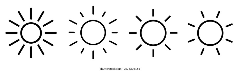 Minimalist sun icons in a row. Simple sun design with rays. Black sun symbols on a light background. Sun icons for weather or design use. Weather icons, isolated vector element set.