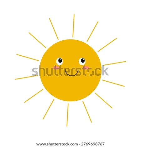 Minimalist sun mascot featuring a happy smiling face with rosy cheeks and long, thin straight rays. This clean solar icon is perfect for weather forecasting apps, summer greeting cards, and morning routine branding. Its simple geometric style and bright yellow palette evoke a sense of warmth and positivity, making it an ideal graphic for nursery decor and children's educational materials.