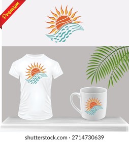 Diseño minimalista del Vector del sol y de la onda del océano para la camiseta y la taza de café. Maqueta de Mercancía de impresión gráfica temática costera, playa y surf en la mesa blanca. Diseño de ropa de verano.