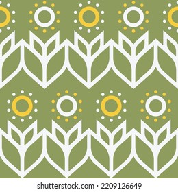 Minimalist sunflower inspired pattern in green. Vector seamless pattern design for textile, fashion, paper, packaging, wrapping and branding