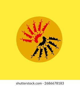 Minimalistisches, sonneninspiriertes Vektordesign in Rot- und Schwarztönen auf gelbem Hintergrund, das Energie und Vitalität symbolisiert.